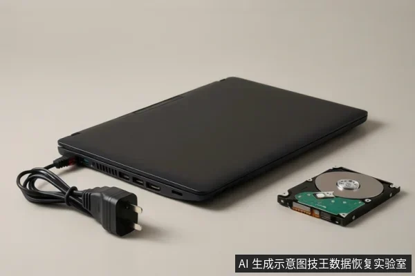黑色合盖笔记本电脑置于桌面,左侧电源接口插着线缆,末端两脚插头悬空未接插座;右侧放一枚开盖机械硬盘,盘片与磁头臂可见。