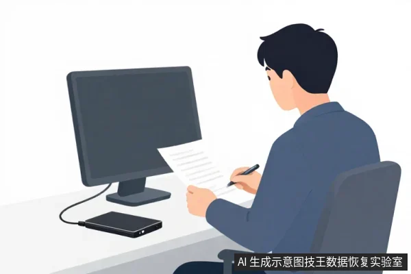 一名男子坐在桌前,手持笔在纸上记录,面前是电脑显示器和一台平放的黑色设备。