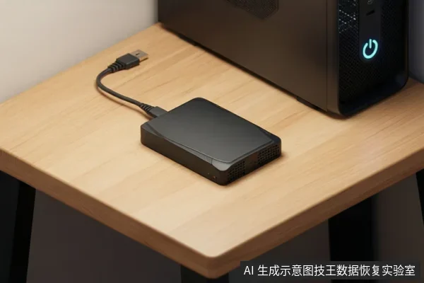 木质桌面上放置一个黑色移动硬盘,USB线连接至后方主机,主机电源键亮蓝色。