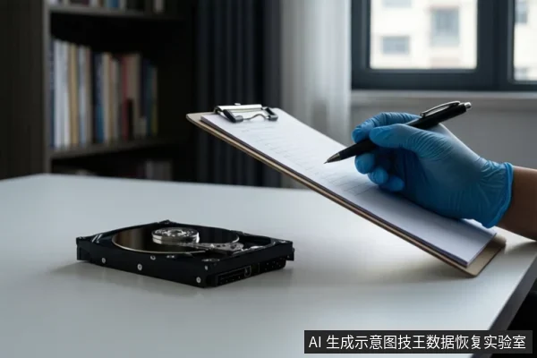 白色桌面上放置一块打开的机械硬盘,右侧一只戴蓝色手套的手持黑色笔在写字板上记录,背景为书架和窗户。
