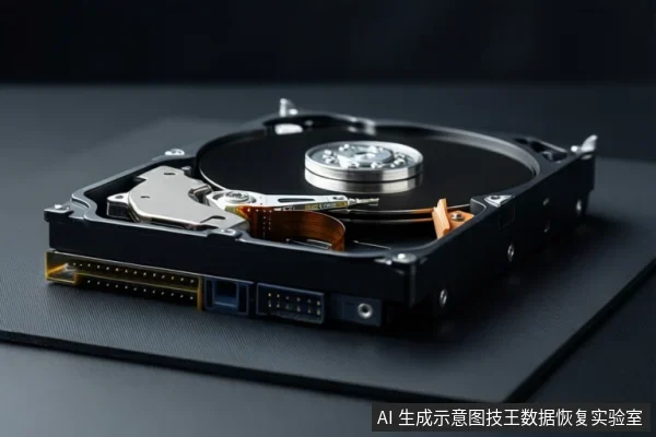 黑色机械硬盘平放在深色台面上，盘体外壳打开，可见圆形盘片、中央主轴、磁头臂与橙色排线，前端有数据与电源接口。