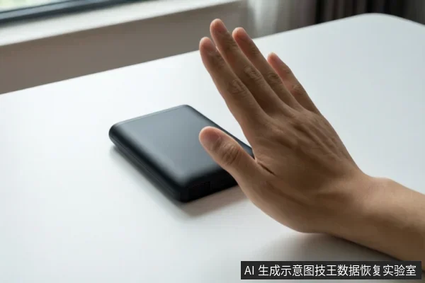 白色桌面上放置一个黑色移动硬盘，一只右手手掌张开悬停在硬盘上方，背景为窗台。