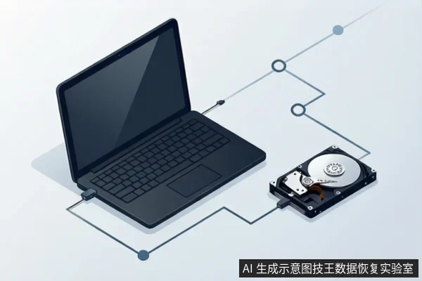 黑色笔记本电脑与一枚开盖机械硬盘并排摆放,盘片与磁头臂可见,两者之间以抽象电路线条相连,示意外部连接关系。