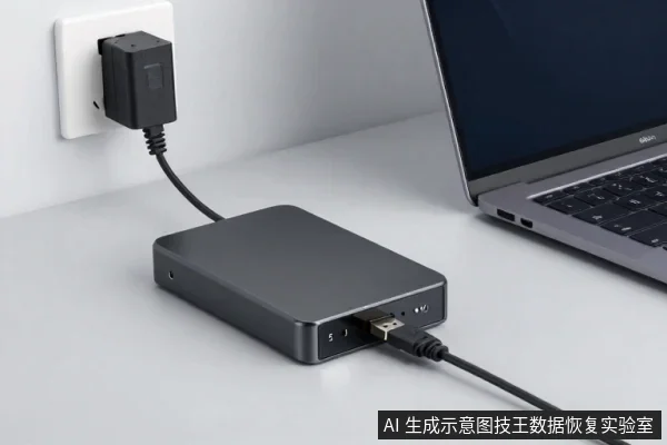 灰色桌面式外置硬盘平放桌面,电源适配器插在墙上插座,USB数据线连接硬盘与右侧笔记本电脑。