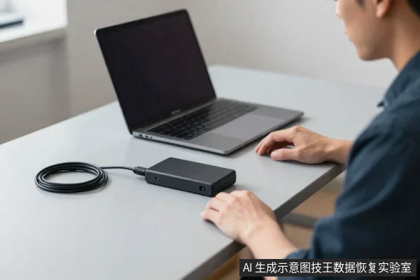 一名男子坐在桌前,面前是一台打开的笔记本电脑,桌面左侧放着一个黑色移动硬盘盒,连着一根盘绕的黑色线缆。