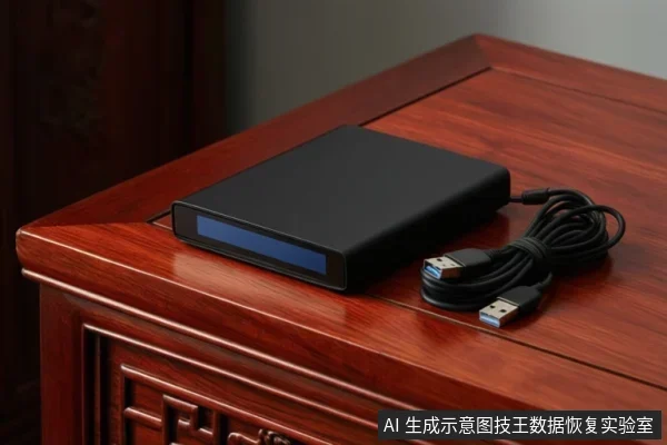 黑色外置移动硬盘放在红木桌面上,旁边盘绕着一根两端为USB接口的黑色数据线,硬盘正面有一条蓝色长条指示区。