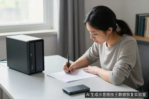 一名亚洲女性坐在桌前,用笔在纸上记录,桌上放着一台黑色NAS设备和一部手机。