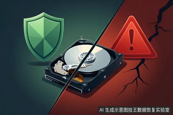 画面中央为打开外壳的机械硬盘，背景被斜线分为绿色盾牌与红色警告三角及裂纹两部分。