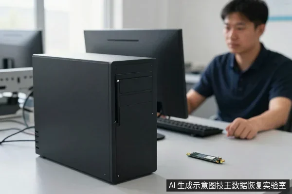 一名男子坐在办公桌前操作电脑，桌上放着一台黑色台式主机和一块M.2固态硬盘