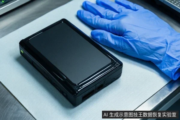 一只蓝色手套平放在白色防静电垫上,旁边是一个黑色移动硬盘,背景为金属工作台。