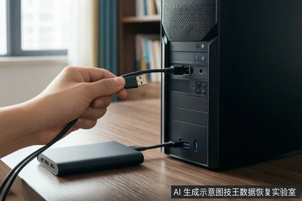 一只手拿着USB数据线，准备插入台式电脑主机背面的接口，桌面上放着一个移动硬盘。