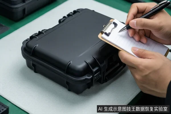 黑色防护箱放在浅色垫上，一双手持写字夹板和笔在旁记录。
