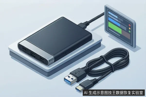 黑色移动硬盘置于白色底座上,一端连接USB线指向右侧悬浮示意屏幕,下方盘绕一根USB-A转USB-C备用数据线。