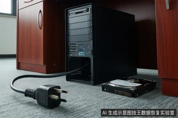 地毯上放着一台黑色台式主机,旁边是一个开盖的机械硬盘,一根电源线插头脱离后放置在地面。