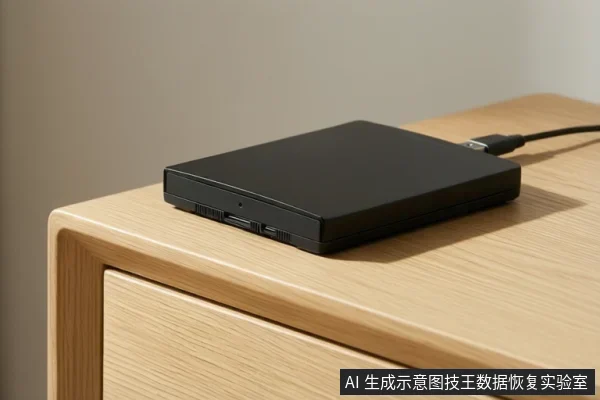 木桌上放着一个黑色外置硬盘盒,侧面插着一根USB数据线,线缆向右延伸出画面。
