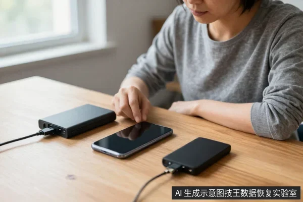 一名亚洲成年人坐在木桌前，桌上放着一部手机和两个黑色移动硬盘，手指正触碰手机屏幕，两个硬盘分别连有数据线。