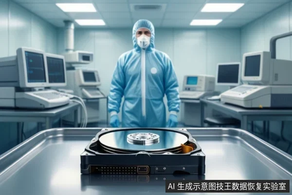 洁净室环境中,一名穿蓝色无尘服的工作人员站在桌前,前景金属托盘上放置一个打开外壳的机械硬盘,可见盘片与主轴,背景有多台显示器设备。