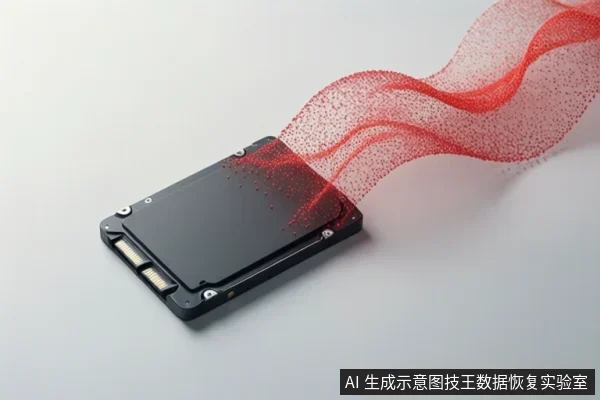 白色背景上放置一块黑色固态硬盘,红色点状波浪从盘体一端向右上方延伸,示意数据流动或擦除过程。