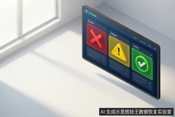 白色桌面上悬浮一块深色平板,屏幕显示红叉、黄色警告三角和绿色对勾三个状态图标,左侧有窗户。