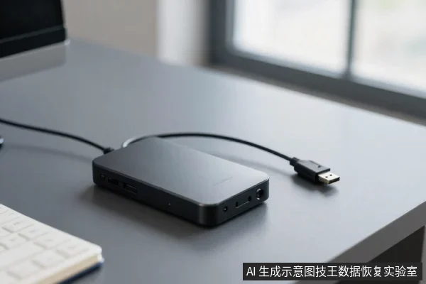 深灰色桌面上放着一个黑色扁平的USB扩展坞，侧面有多个接口，一根线缆连着一个USB-A插头放在旁边，左侧露出白色键盘一角。