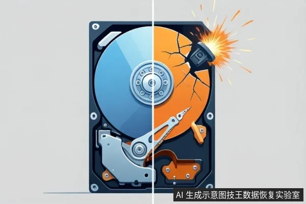 灰色背景中一块机械硬盘被竖直分为两半,左侧盘片呈蓝色,右侧盘片呈橙色并出现裂纹,右上角有火花状撞击效果,磁头臂位于下方。