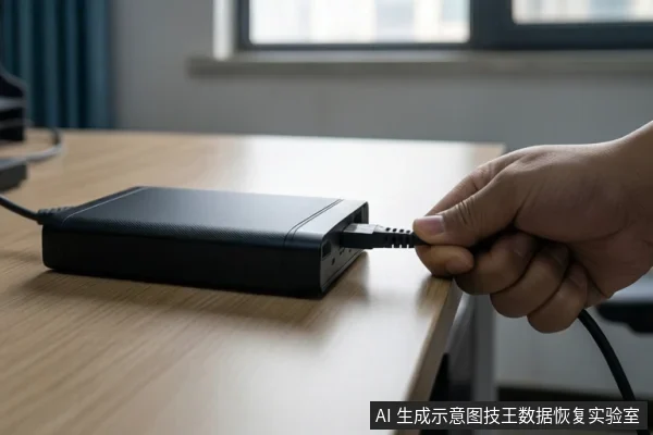 木桌上放置一个黑色移动硬盘,一只手正将USB数据线插入硬盘接口,背景为室内窗户。