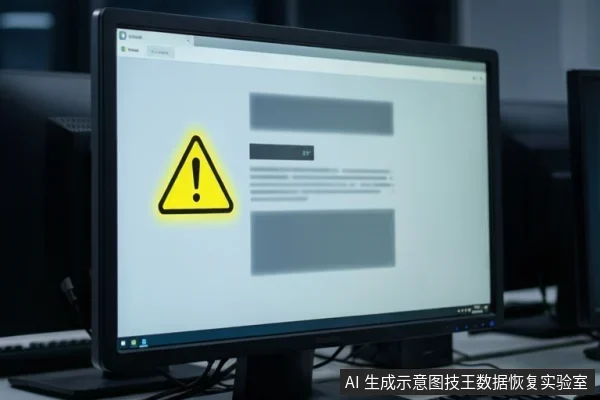 电脑显示器屏幕上显示一个黄色警告三角图标，旁边是模糊的灰色文本块，背景为办公桌面环境。