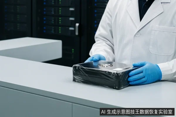 穿白大褂戴蓝色手套的技术人员双手扶着一块用透明膜包裹的机械硬盘,背景为服务器机柜。