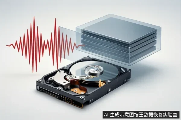 画面展示一个打开的机械硬盘,上方悬浮着多层盘片结构,左侧有红色声波波形图。