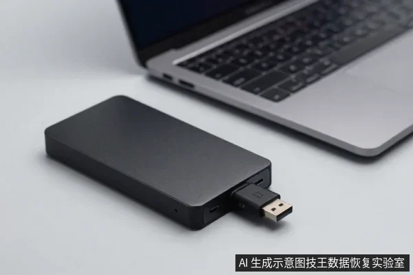 黑色移动硬盘平放在白色桌面上,USB接口处插着一个U盘,旁边是一台打开的银色笔记本电脑。
