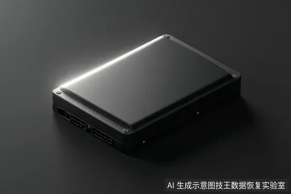 深色背景上放置一块黑色矩形硬盘设备，侧面可见接口，表面有反光。