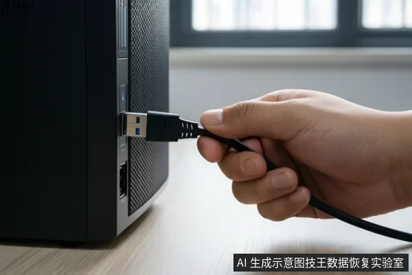 一只手正将一根黑色USB数据线插入台式电脑机箱侧面的USB接口,背景为室内桌面环境。
