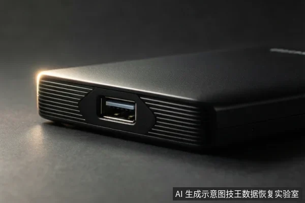 黑色移动硬盘侧边特写，可见一个USB接口和横向条纹外壳，左侧边缘有反光。