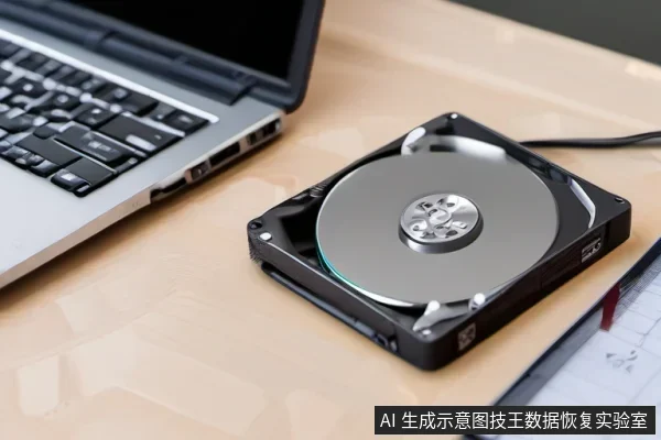 桌面上放着一台打开的笔记本电脑，旁边是一块已拆开上盖的机械硬盘，盘片与主轴裸露，右侧连有线缆，右下角有一张带表格的记录纸。