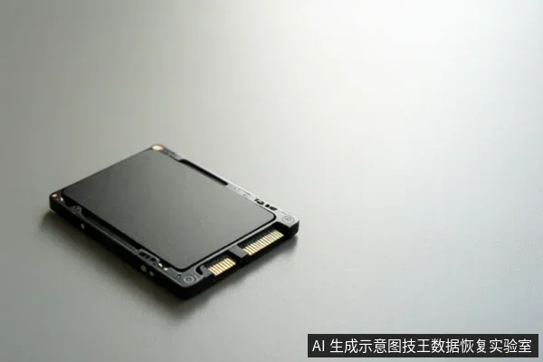 灰色背景上放置一块黑色M.2固态硬盘，可见金色接口金手指和固定螺丝孔。