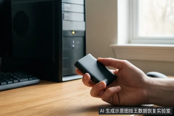 一只手在木质桌面上握持一块黑色小型存储设备，背景可见电脑主机、键盘和窗户。
