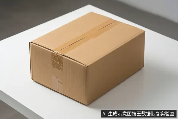 一个棕色瓦楞纸箱放在白色桌面上,箱体顶部和侧面贴有封箱胶带,背景为灰色墙面。