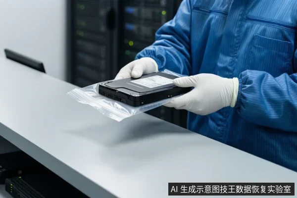 穿蓝色防静电服、戴白色手套的人员双手托住一个黑色移动硬盘，硬盘下方垫有透明防静电袋，背景为机房设备。
