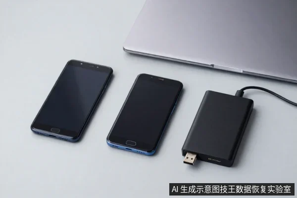 桌面上并排放置两部黑色智能手机,右侧是一个黑色移动硬盘,上方露出一台银色笔记本电脑的局部。