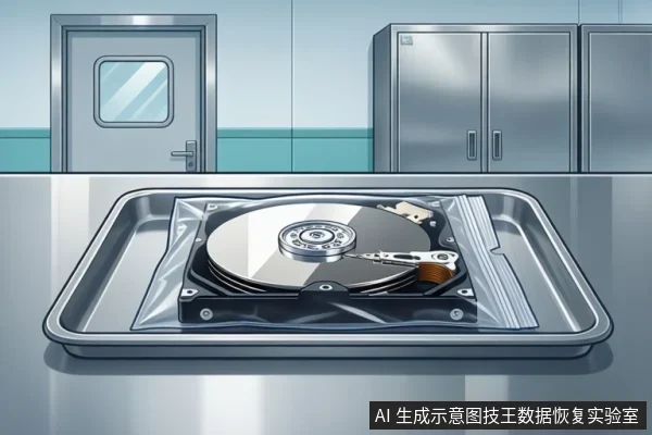 洁净室环境中，金属托盘上放置一块开盖机械硬盘，可见盘片、主轴与磁头臂，背景为带观察窗的门和不锈钢柜。