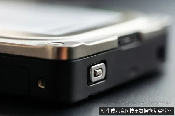 黑色移动硬盘或存储设备侧边特写,可见金属边框、侧面接口和写保护开关,背景虚化。