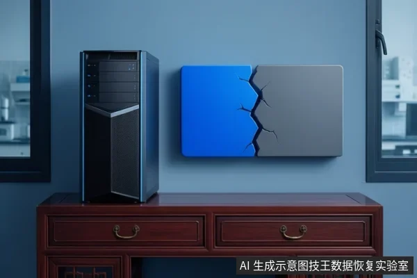 木柜上立着一台黑色台式主机,墙上挂着一块蓝灰相间、中间带裂纹的矩形硬盘示意图,背景为蓝色墙面与两侧窗户。