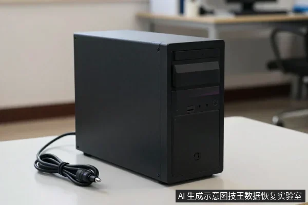 一台黑色台式电脑主机放置在浅色桌面上，左侧连着一根盘好的电源线，背景为模糊的办公桌椅。