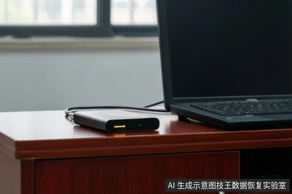 木桌上黑色移动硬盘前端指示灯亮起，线缆连接右侧笔记本电脑，背景为窗户与浅色墙面。