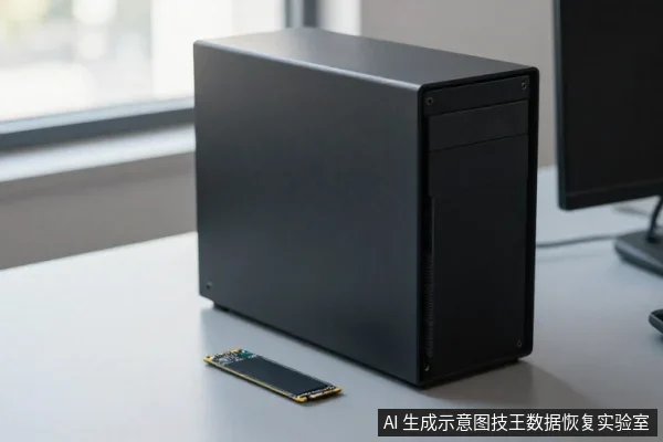 黑色台式电脑主机置于桌面,前方平放一块带金色触点的内存条,右侧可见显示器边缘。