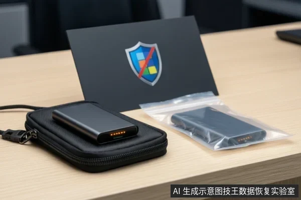 桌面上黑色移动硬盘放在拉链收纳包上,侧面亮橙色指示灯,旁边自封袋内装另一块移动硬盘,后方立着带盾牌图标的黑色展示板。