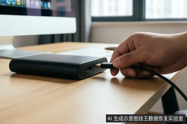 一只手正将USB数据线插入桌面上的黑色移动硬盘,背景可见电脑显示器和窗户。