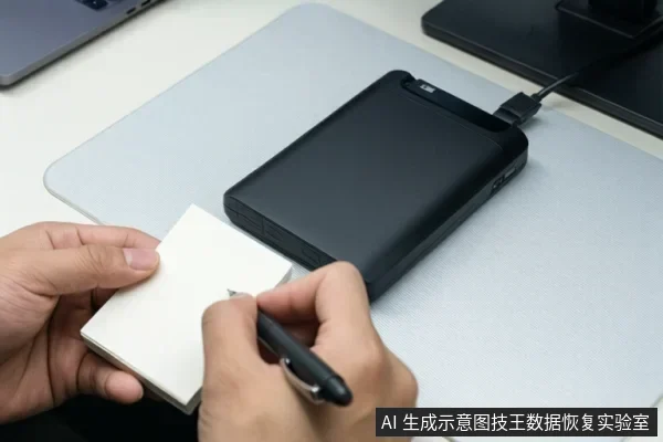 桌面上放置一个黑色移动硬盘,连接着数据线。一双手拿着白色便签本和笔,正在记录。