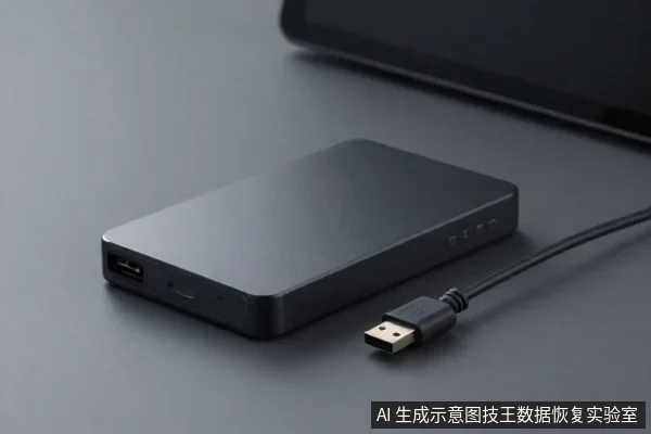 黑色移动硬盘平放在深色桌面,侧面有USB接口和指示灯,旁边一根USB数据线插头朝向硬盘。