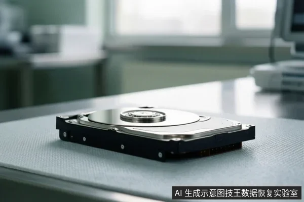 一块打开顶盖的机械硬盘平放在浅色桌面上，背景为模糊的室内办公环境。